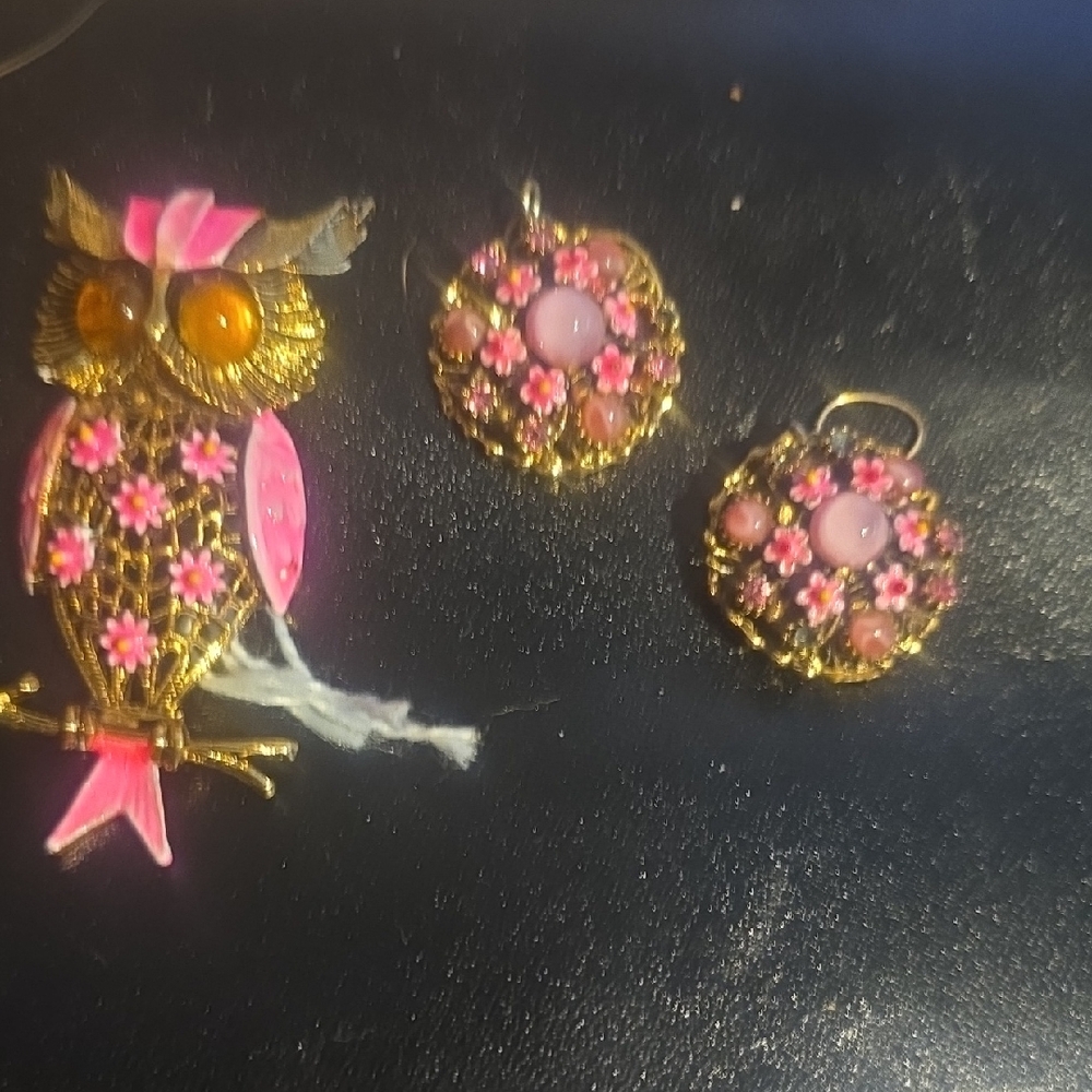 Vintage Rare  Mint ConditionGold-Tone Pink Floral Owl Brooch and Earrings Set